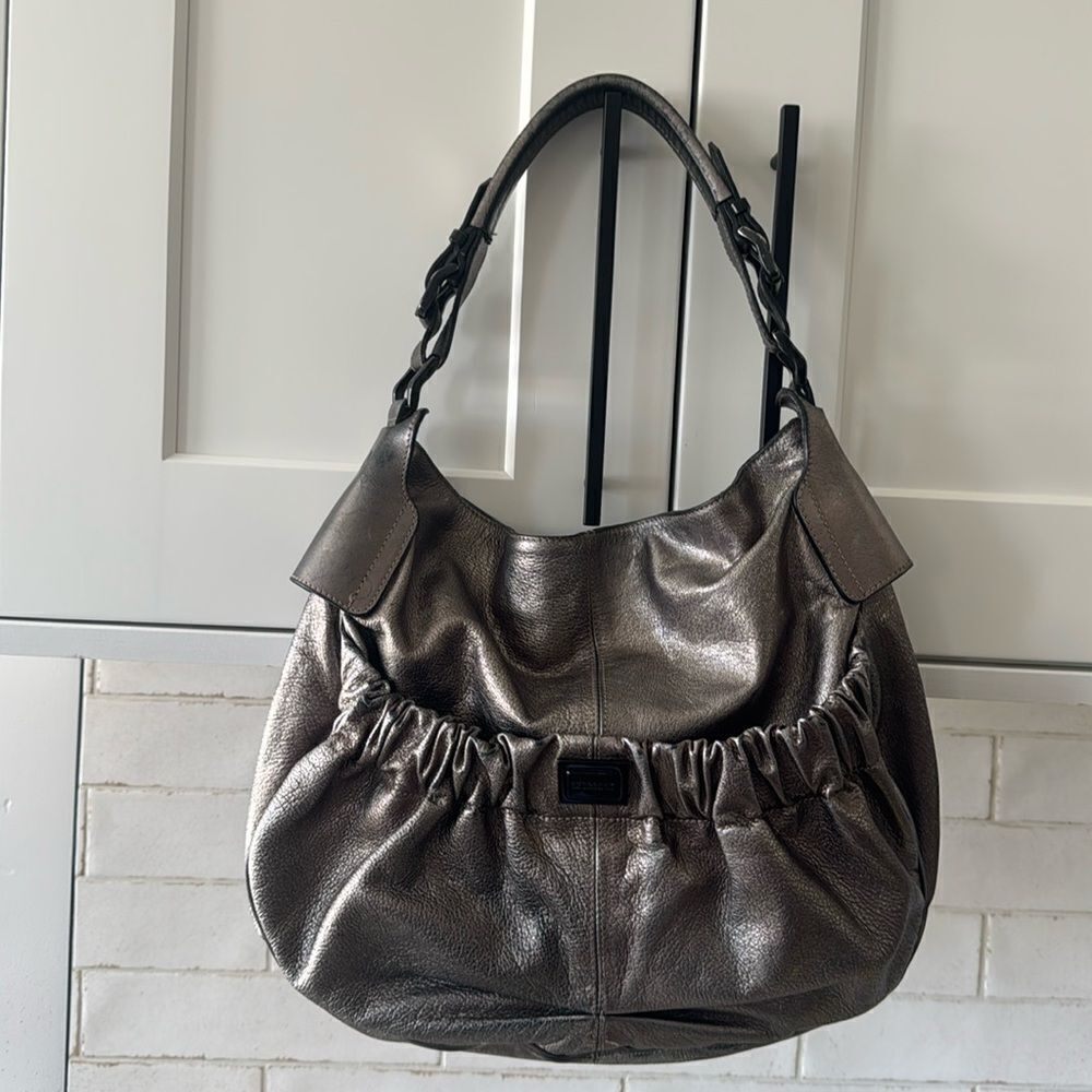 Burberry Warrior Metallic Pewter Leather Satchel Shoulder Handbag Hobo Ruched